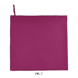 A sports towel featuring a vibrant purple colour, measuring 100cm x 150cm, with a hanging loop and branding.