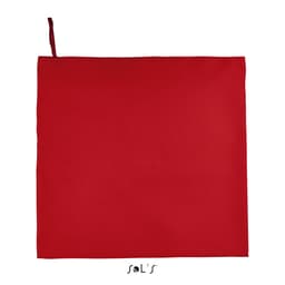 A red gym towel measuring 100cm x 150cm, featuring a hanging loop and a logo at the bottom.