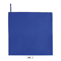 A blue gym sports towel measuring 100cm x 150cm with a hang loop and a brand logo.
