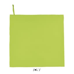 A bright green gym towel, measuring 100cm x 150cm, featuring a loop for hanging and a logo at the bottom.