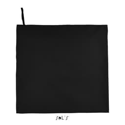 A black gym towel measuring 100cm x 150cm with a hanging loop and a logo at the bottom.