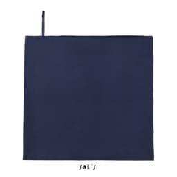 A navy blue sports towel measuring 100cm x 150cm, featuring a hanging loop and a logo.
