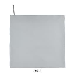 A grey sports towel measuring 100cm x 150cm, featuring a hanging loop and a logo.