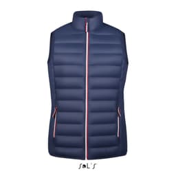 A women's lightweight puffer vest in navy blue with a zippered front and two side pockets. It features a logo.