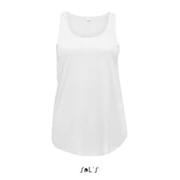 A women's tank top in white, made from polyester, featuring a rounded neckline and a logo at the bottom.
