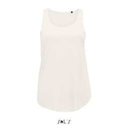 A women's tank top in white, featuring a simple design and a logo at the neckline.
