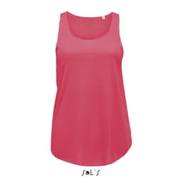 A women's singlet in a vibrant pink colour, featuring a logo in the centre. Made from polyester.