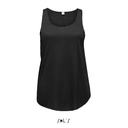A women's tank top in black polyester, featuring a round neckline and relaxed fit, with a logo on the hem.