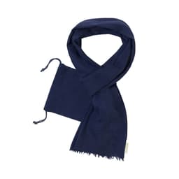 A navy blue scarf with frayed edges and drawstrings at one end. It has a logo detail.