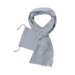 A grey scarf accompanied by a matching pouch for storage. The scarf has fringed edges.