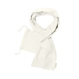 A scarf in a soft white colour with tasselled ends and drawstring pouch. Features a subtle logo.