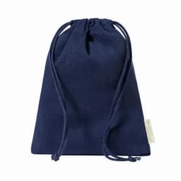 A drawstring bag in navy blue with a branded tag at the bottom.