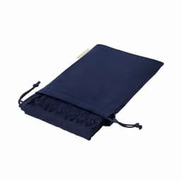 A navy blue pouch with a drawstring closure and tassel detail. It has a simple, elegant design.
