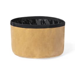 A storage container in brown with a black fabric rim, featuring a simple design and soft texture.