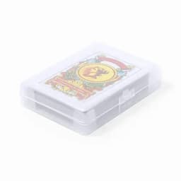A deck of playing cards in a transparent plastic case, featuring colourful designs on the front.