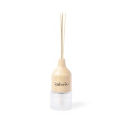 A diffuser with a wooden top and frosted glass base, featuring three reeds for fragrance dispersal.