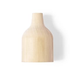 A drink bottle in a smooth, natural wood finish with a simple, modern design and a branding logo.