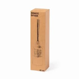 A narrow, brown box containing an aromatic diffuser, featuring black line illustrations and a clear base.