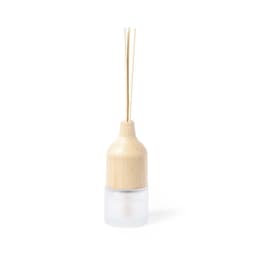 A diffuser with a wooden top and a frosted glass base, featuring three reed sticks.