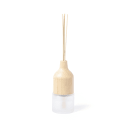 A diffuser with a wooden top and a frosted glass base, featuring three reed sticks.