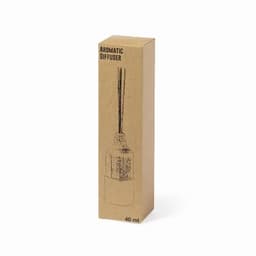 A bottle-shaped aromatic diffuser in a brown cardboard package, featuring wooden reeds inside.