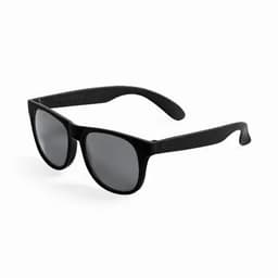 A pair of black sunglasses with dark grey lenses and a simple design. Features a logo on the frame.