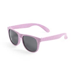 A pair of pink sunglasses with dark lenses, featuring a textured finish and a logo on the side.