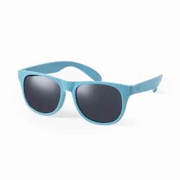 A pair of light blue sunglasses with dark lenses, featuring a simple design. The sunglasses have a logo on the side.
