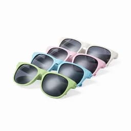 A collection of sunglasses in green, blue, pink, white, and grey, with dark tinted lenses.