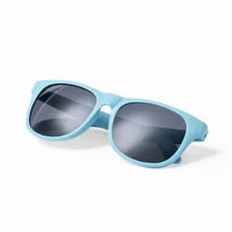 A pair of blue sunglasses with dark lenses, featuring a simplistic design and a matte finish.