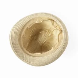 A straw hat in a light beige colour, featuring a woven texture and a soft interior lining.