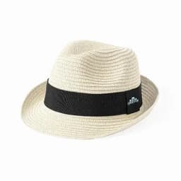 A straw fedora hat in beige with a black band. The hat features a logo on the band.