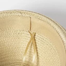 A light beige straw hat with an inner ribbon detail, showing the top view and textured weave of the material.