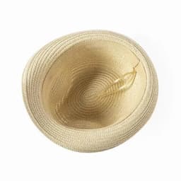 A straw hat in a light beige colour, featuring a simple interior design and a thin band.