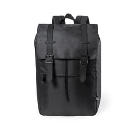 A backpack in dark grey with a flap closure and dual buckle straps, featuring a front zip pocket.