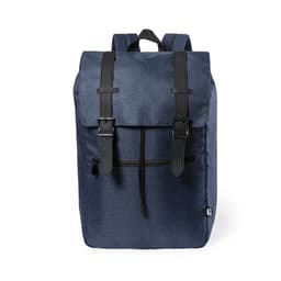 A backpack in navy blue with a flap top, adjustable straps, and black leather accents. It features front buckles and a zipper pocket.