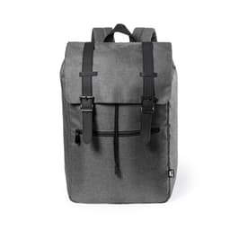 A grey backpack with a flap closure and black straps, featuring a front zip pocket and side adjusters.