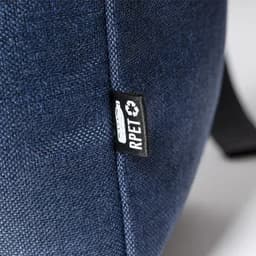 A drink bottle in navy blue fabric with a tag indicating it is made from RPET material.