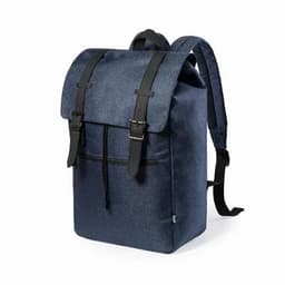 A backpack with a navy blue fabric, featuring leather straps and a roll-top design with a front pocket.