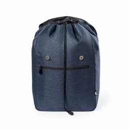 A drawstring backpack in navy blue fabric features a front pocket and playful button accents. It has a branding logo.