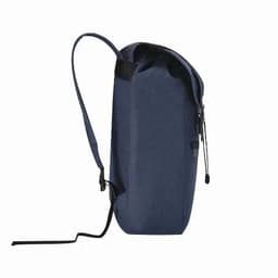 A navy blue backpack with a sleek design, featuring a logo and a zip closure. The strap is adjustable.