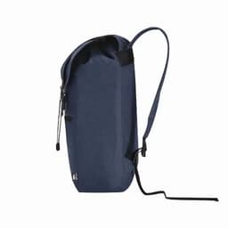 A navy blue backpack with a sleek design and adjustable strap, featuring a logo on the side.