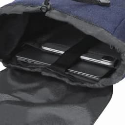 A navy backpack with a grey interior, featuring two devices secured inside with a strap.