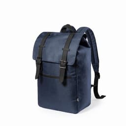 A backpack featuring a navy blue fabric with black leather straps and a front zip pocket. It has adjustable shoulder straps.