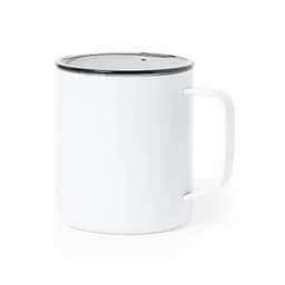 A drink bottle in white with a black rim and a handle, featuring a simple, minimalist design.