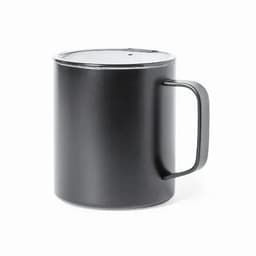 A drink bottle in matte black with a handle and a lid on top. It features a sleek, modern design.