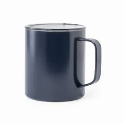 A drink bottle in dark navy with a sturdy handle and a lid, featuring a simple, modern design.