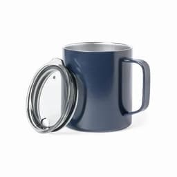 A drink bottle in dark navy, featuring a handle and a clear, removable lid. It has a sleek, modern design.