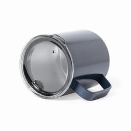 A drink bottle in navy blue with a silver lid and a handle, featuring a logo on the side.