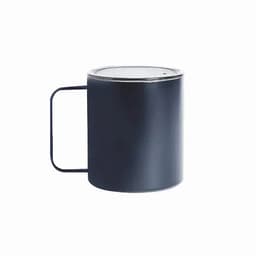 A drink bottle in a navy blue finish with a transparent lid and a sturdy handle. Features a logo.